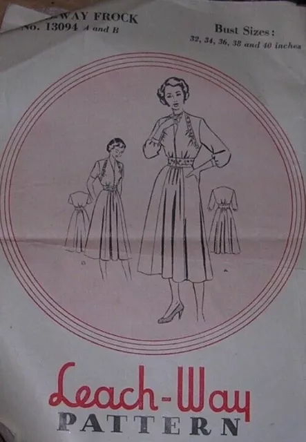 wonderful vintage Leach-way sewing pattern 13094 1940s 1950s  dress embroidery