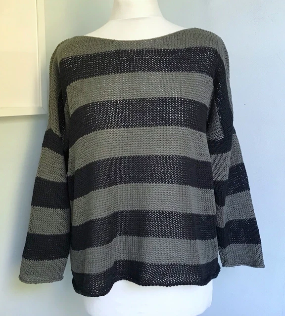 EILEEN FISHER grün schwarz gestreift Baumwollstrickpullover S UK 10 Lagenlook lose Passform