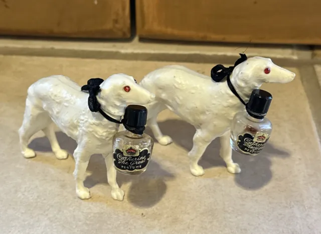 TWO Vintage Borzoi Russian Wolfhounds with Catherine the Great Perfume Bottles