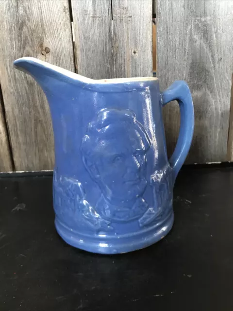 Beautiful Antique Blue Uhl Pottery Abraham Lincoln Stoneware Pitcher Rare