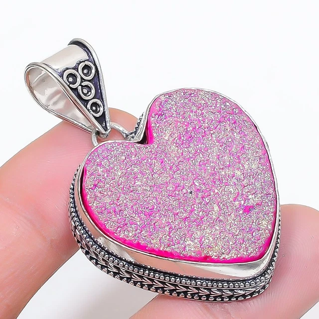 Pendentif Cœur En Druzy De Titane Rose - Fait Main En Inde, Plaque Argent - Bijou Vintage énergétique