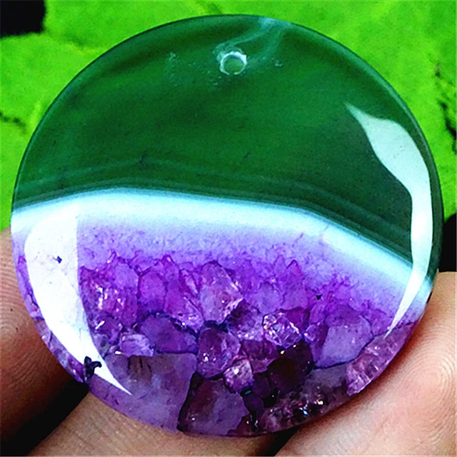 HU35191 37x7mm Green/purple Druzy Geode Agate Round Pendant Bead
