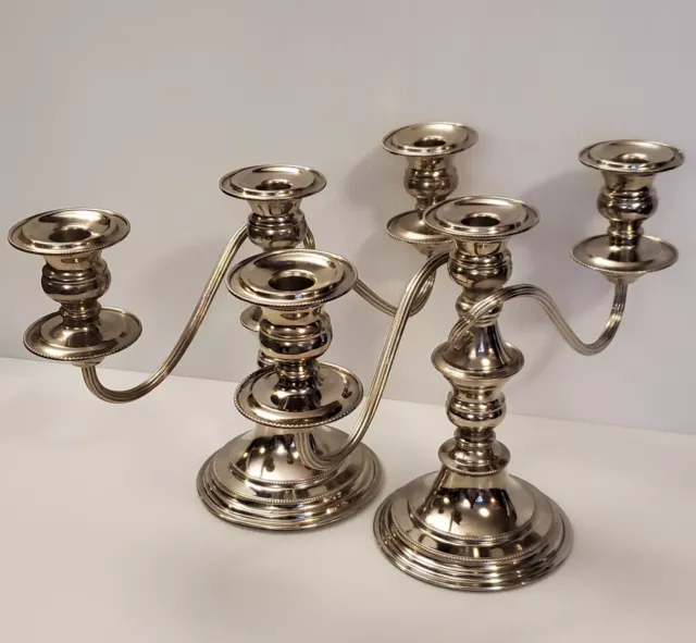 Vintage  Pair Elegant Silver On Copper Nouveau Three-Light Candelabras / Candle