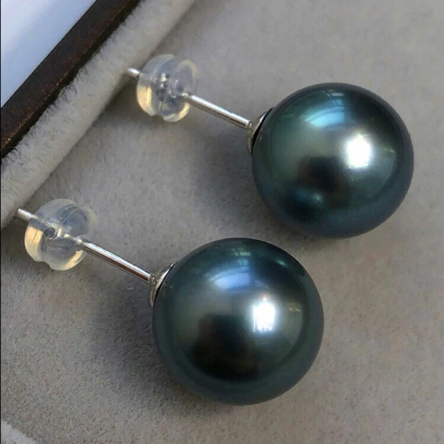 Rare Huge 12 mm Black South Sea Shell Pearl Dangle Earring Gift FOOL'S DAY