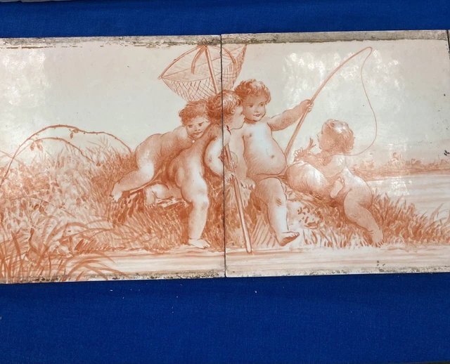 antique minton tiles Unique Cherubs Hand Painted Signed Rare Unusual 6 Panels ￼