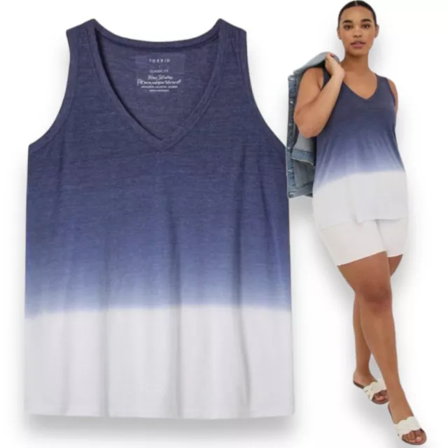 TORRID NWOT Vintage Triblend Blue/White Dip-Dye Jersey V-Neck Tank Top  Sz  Med