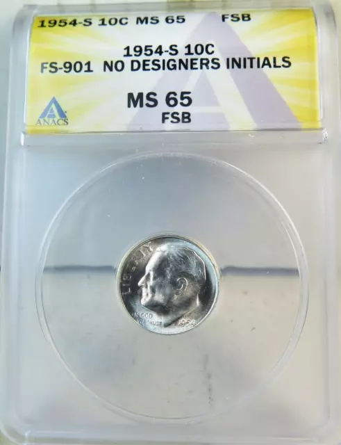 :1954-S 1Oc Roosevelt Dime Anacs Rare 1/0 Ms65Fsb Fs-901 No Designers Initials