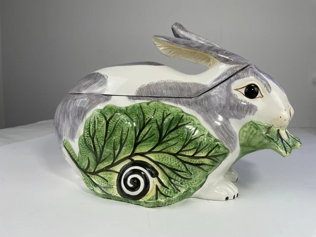 Vintage Mottahedeh Majolica Bunny Rabbit & Foliage Tureen 14" x 8" x 8" Italy 3