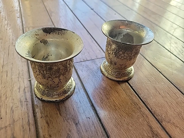 Gold Metal 3” Goblets  With Floral Design Set Of 2 Wine Kiddish Decorative