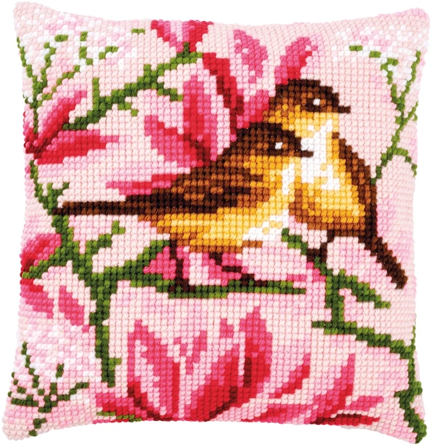 Kit de cojín de punto de cruz estampado Vervaco 16""X16""-Pájaros y magnolia -V0191035