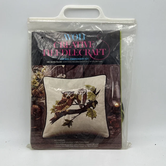 Kit de bordado de almohada crealla vintage 1970 Avon Creative Needlecraft BÚHO MATE