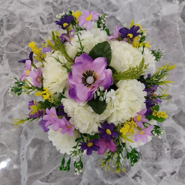 Lilac Dahlia & Cream Carnations | Artificial Flower Pot | Grave/Memorial/Crem