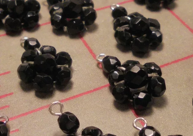 12 Vintage Czech Glass Hand Beaded Jet Black Flower Pendants 3/4" #388