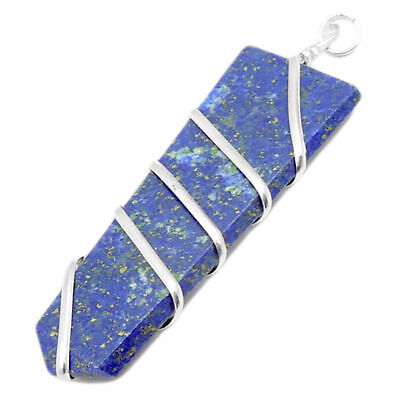 Blue Lapis Lazuli Chakra Crystal Silver Wire Wrap Pendant Necklace HANDMADE Heal