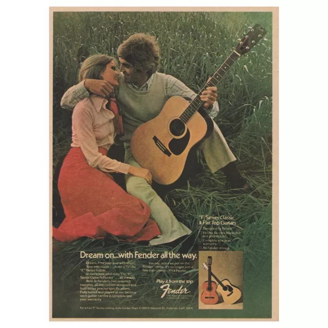 1974 Fender Guitars: Dream On Classic and Flat Top Vintage Print Ad