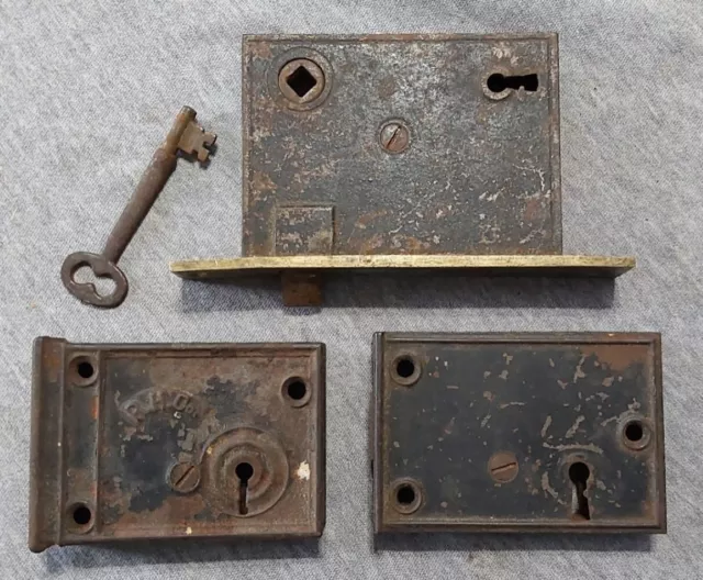 Lot of 3 Vintage Antique Mortice Door Dead Bolt Locks R. H. Co. Skeleton Key