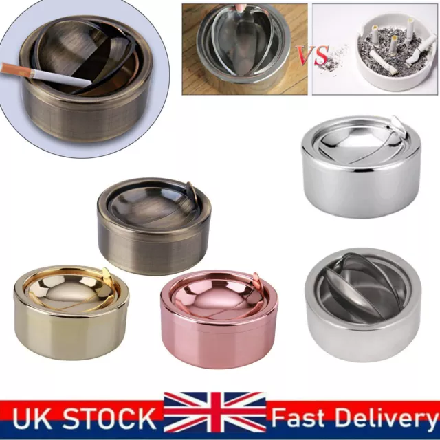 UK Stainless Steel Windproof Smokless Round Smokeless Ashtray Rotating With Lid~