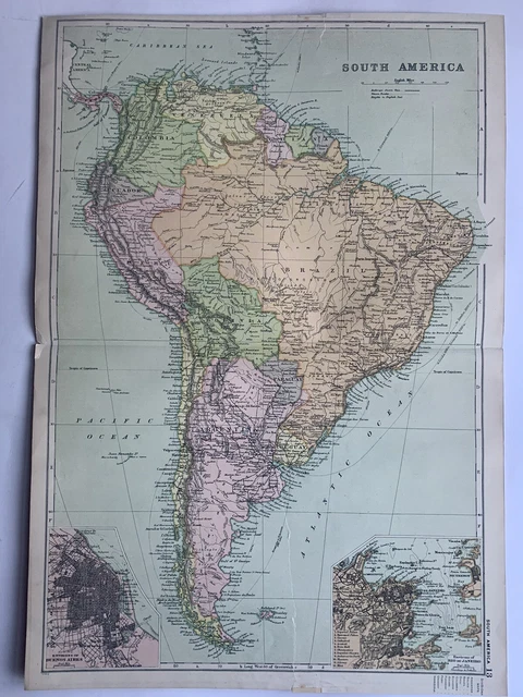 1908 SOUTH AMERICA Antique Map by G.W. Bacon inset plans of Rio ...