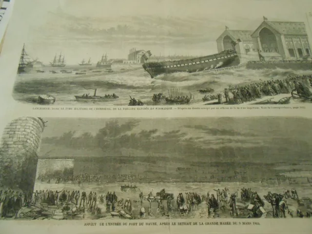 Gravure 1860 - Lancement Cherbourg Frégate La Normandie Port du Havre