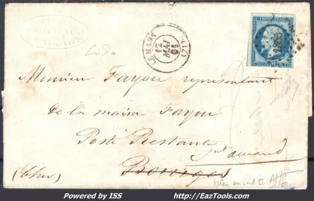 FRANCE EMPIRE 20c BLEU SUR VERT N° 14Ba SUR LETTRE PC 1855 LE MANS SIGNÉ CALVES