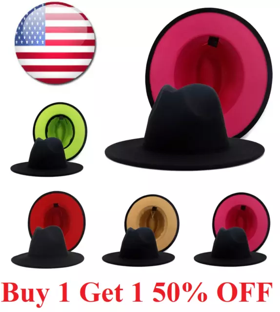 Wide Brim Wool Felt Fedora Panama Two 2 Tone Hat Casual Jazz Cap for men women