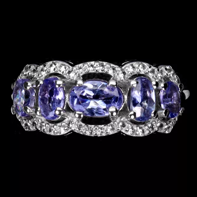 Oval Blue Tanzanite 6x4mm White Topaz Gemstone 925 Sterling Silver Ring Size 8