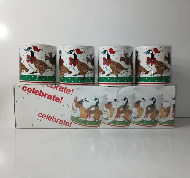 Vintage Canada Geese Mugs Cups 4 Japan Christmas 12 Oz Stoneware New In Box
