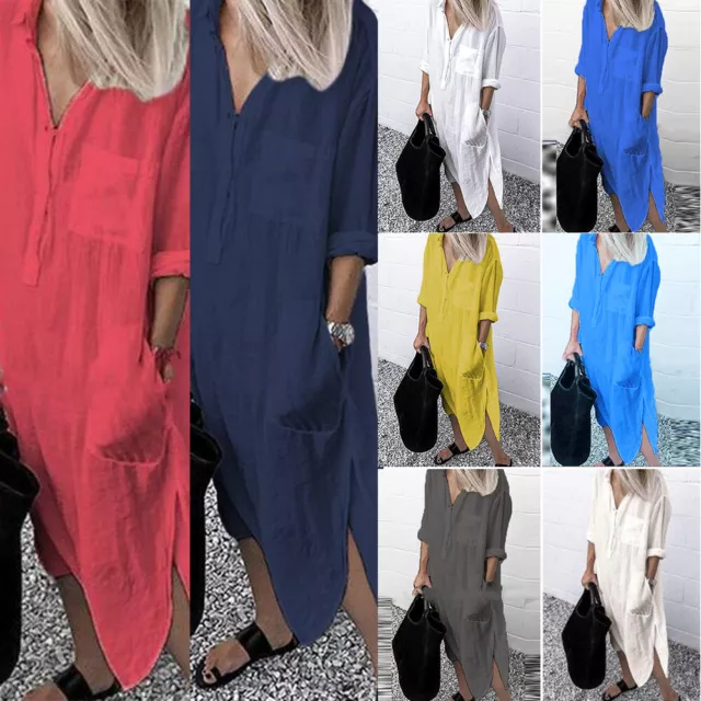 Plus Size Women Cotton Linen Maxi Shirt Dress Kaftan Summer Casual Long Dress US