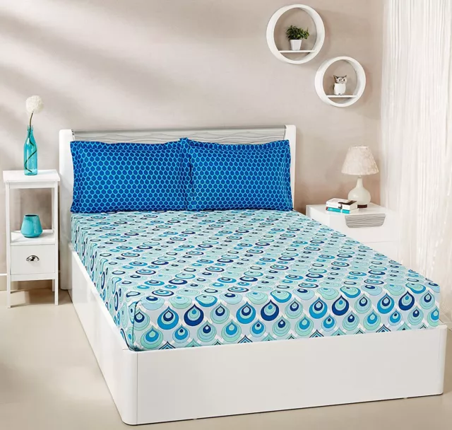 Mystic Drops 144 TC Algodón Doble Cobertor Cama Con 2 Fundas de Almohada, Azul