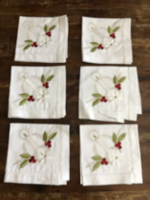 Christmas Embroidered Hem stitch Dinner Napkins 15 X 14 1/2 Cotton Set of 6