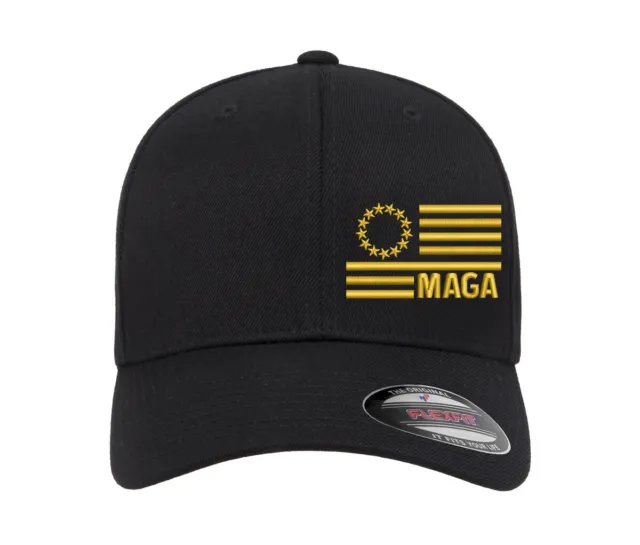 Trump MAGA Flag Side Embroidered Patriotic Flexfit Hat 2024 + Free Sticker