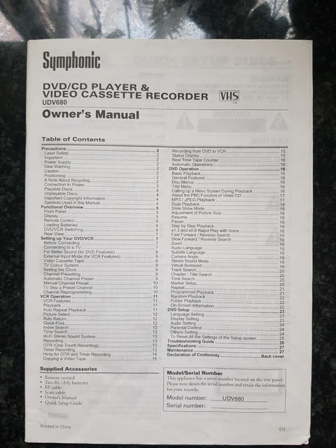 SYMPHONIC LETTORE SVD/CD & REGISTRATORE MANUALE PROPRIETARIO REGISTRATORE SVD. Modello UDV 680