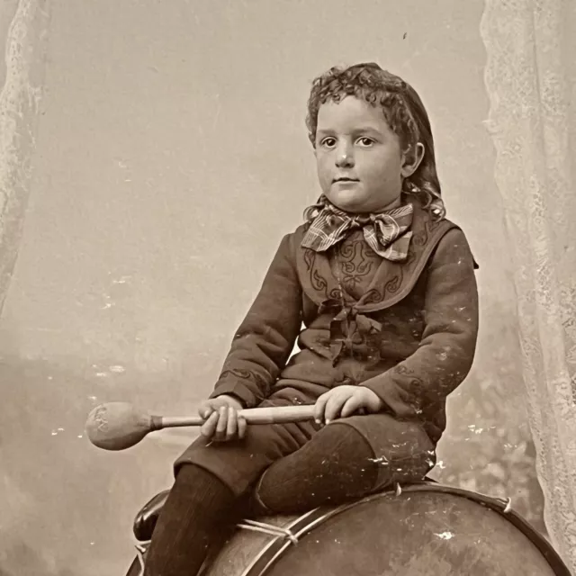 Antique Cabinet Card Photo Adorable Little Boy With Bass Drums Ferndale CA 3