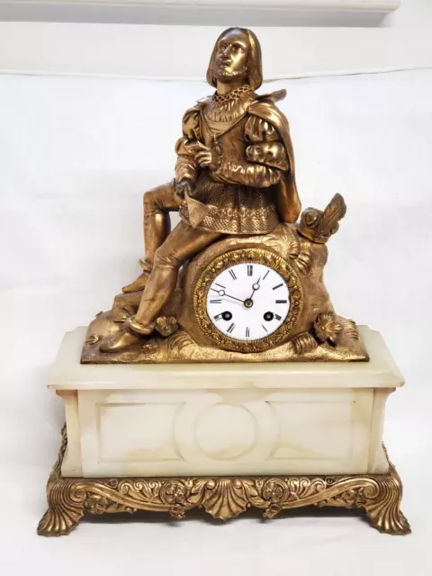 Large Antique French Ormolu Figural Mantel Clock on Marble base. Full working