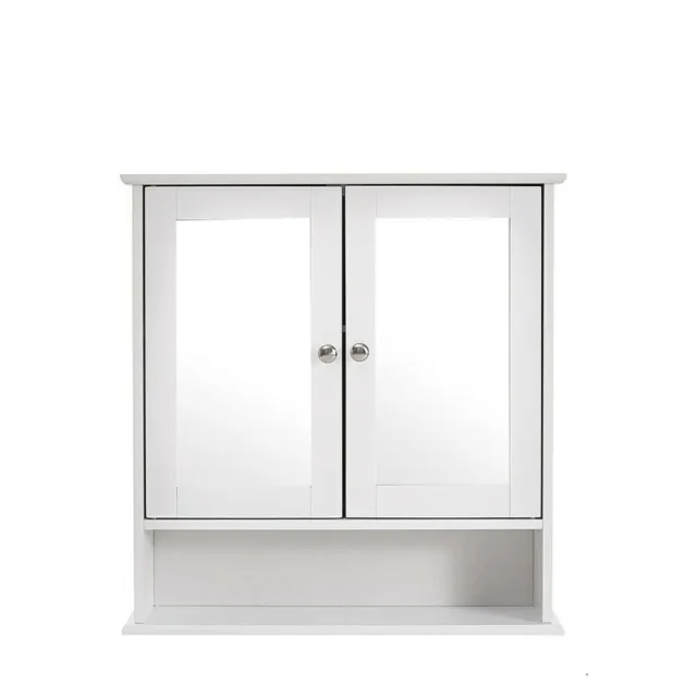 Double Door Mirror Bathroom Wall Cabinet Storage Cupboard Wooden Shelves White