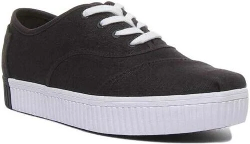 Toms Cordones Femmes à Lacets Toile Baskets En Noir Blanc Taille UK 3 - 8
