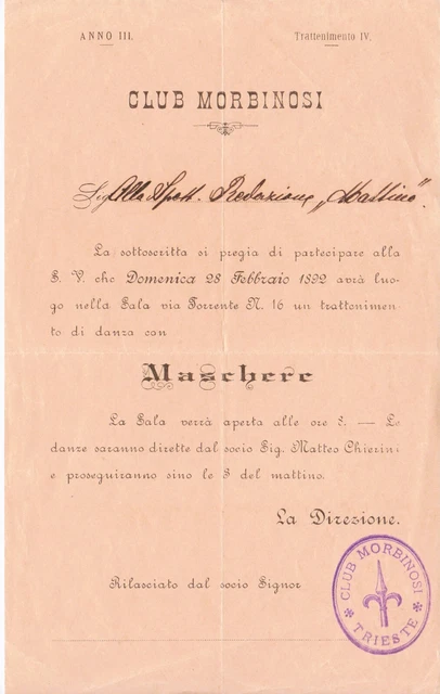 🌎 Club Morbinosi Trieste 1892 Maschere Trattenimento Danzante Timbro 🌍