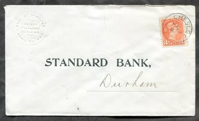 CHESLEY Ontario Bruce 1898 CDS on Embossed Corner Cover of Bank of Hamilton