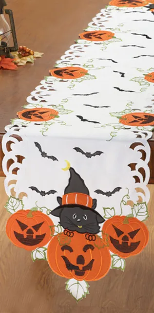 Halloween Pumpkins Cat Embroidered Table Runner Topper Jack o Lanterns Decor