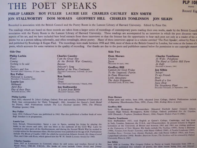 The Poet Speaks Record 8. Vinyl LP. Larkin Fuller Lee Causley Hill Silkin etc. 2