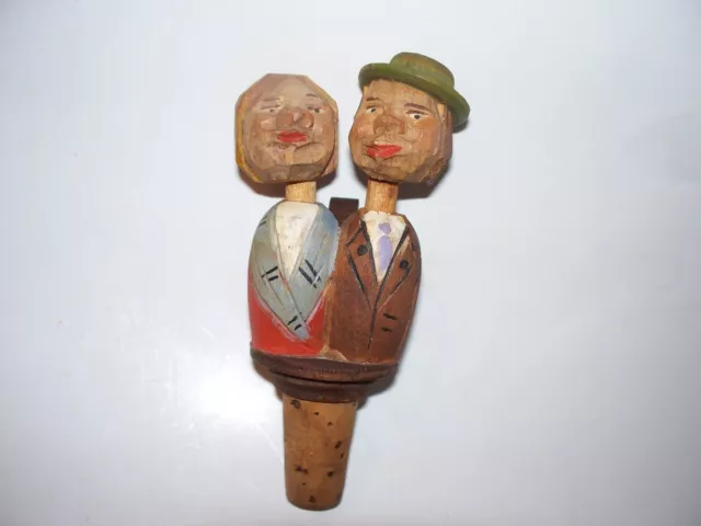 Vintage Carved Wood Wine Bottle Cork Topper Stopper Old Couple Man Woman Pair