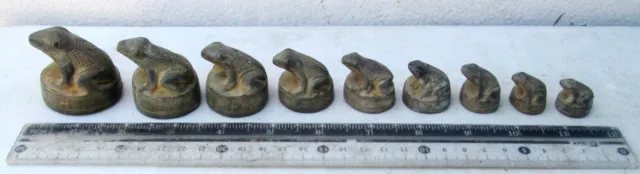 Superb Old Bronze Opium Weight Set 9 Frogs