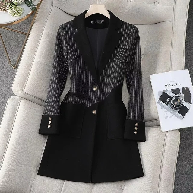 Veste Blazer Femme Noir Et Blanc Rayures - Michel Soligny Taille 42 - Vintage Bon état