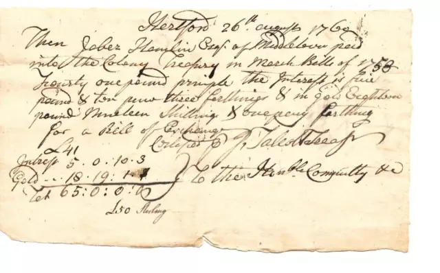 French And Indian War Bill Of Exchange Connecticut Politician  Jabez Hamlin 1760