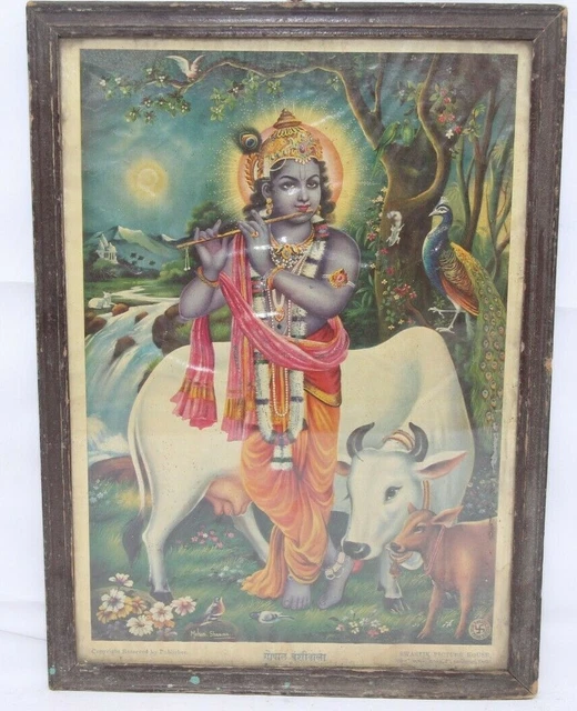 VINTAGE OLD HINDU Lord Krishna With Cow Beautiful Litho Print Wooden