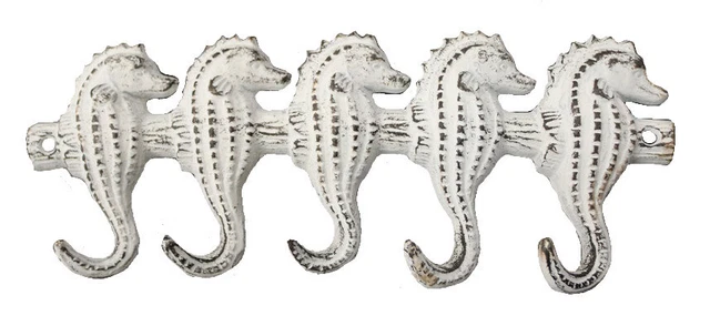 Mr Gecko Cast Iron Hand Made Wall 4 Hook Hanger Seahorse Design Antique White