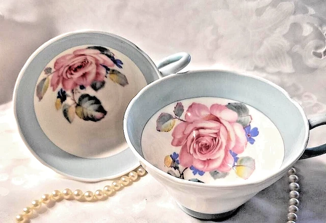 RARE VINTAGE PARAGON Cabbage Rose Orphan Tea cups Soft Blue Double ...