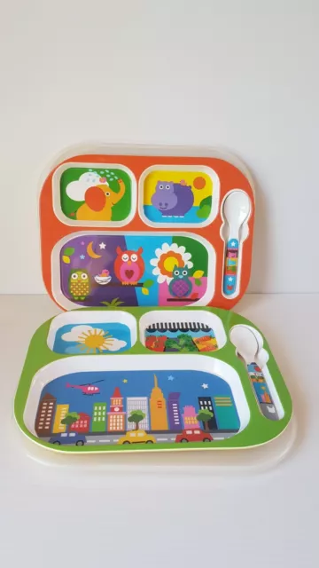 Kids Toddler Baby Plate Bowls Tray Spoon Lid Set Cars or Animals French Bull