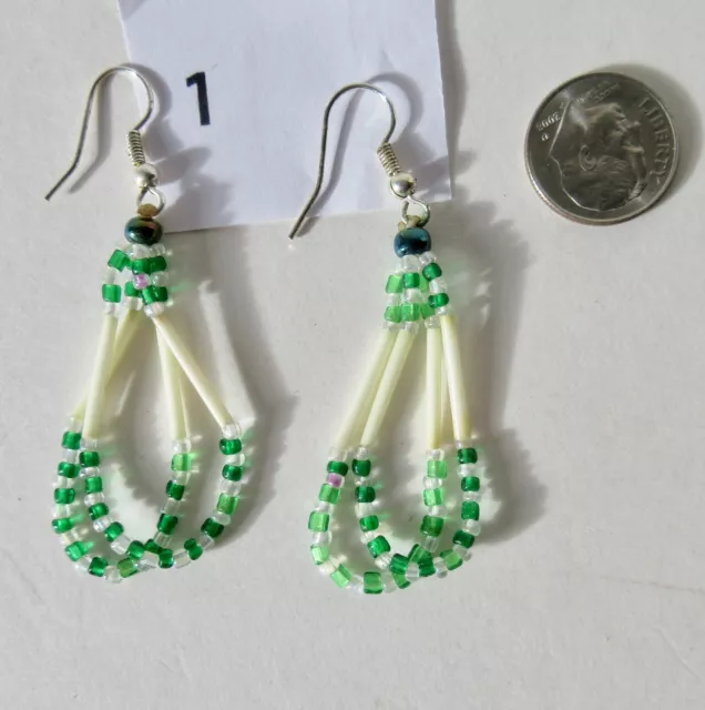 w/ GREEN - 2 loop bead/quill Earring- J St John Passamaquoddy (d)- 9 options