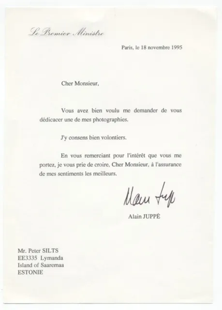1995-97 Prime Minister of France ALAIN JUPPE Typed Letter Signed from 1995